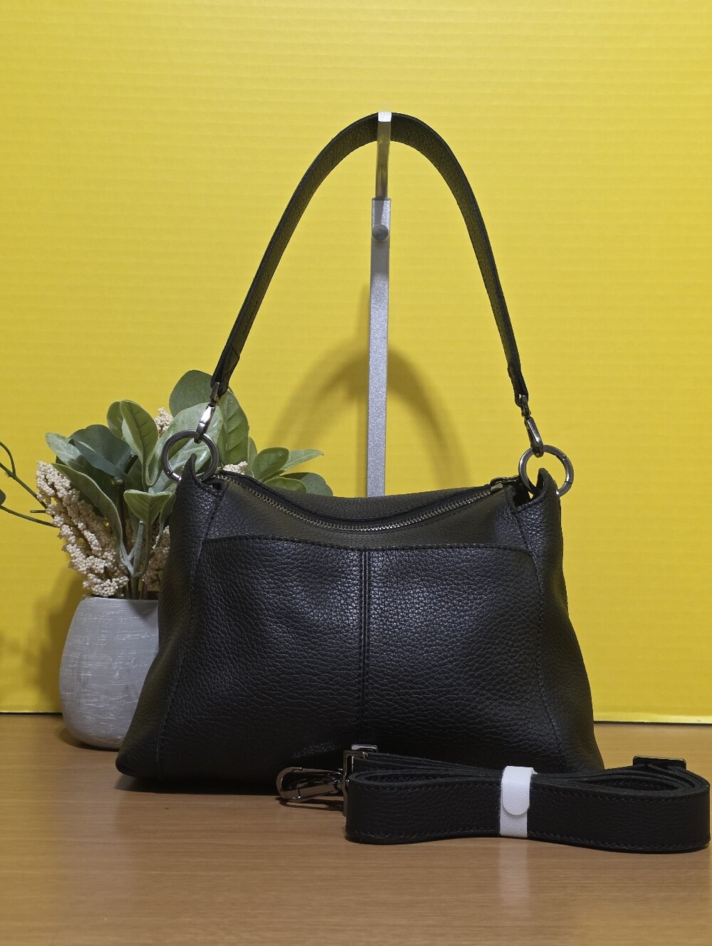 Black Pebbled Leather Shoulder Bag with Silver Studs - Picture 3 of 8
